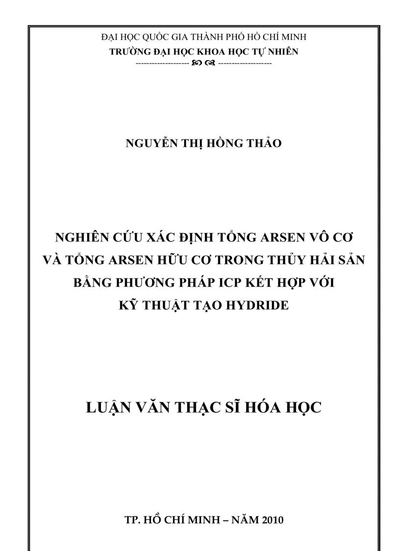 Nghiên cứu xác định tổng arsen vô cơ và tổng arsen hữu cơ trong thủy hải sản bằng phương pháp icp kết hợp với kỹ thuật tạo hydride