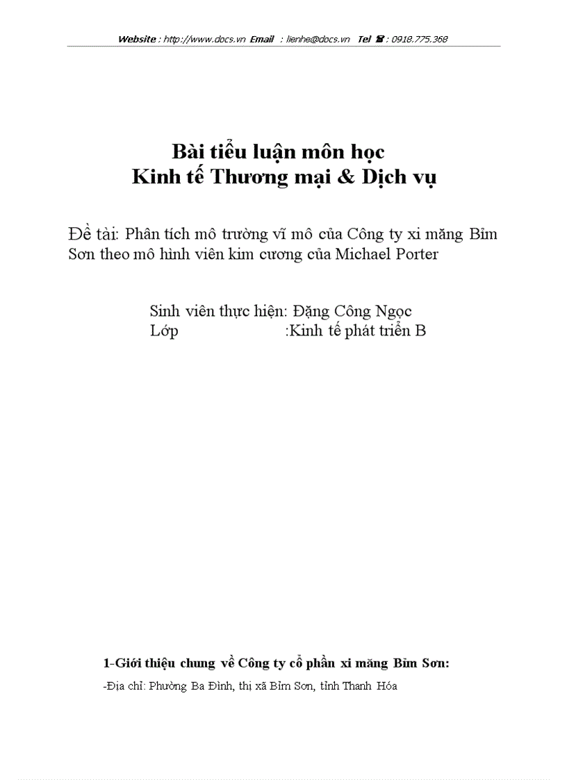 Phân tích mô trường vĩ mô của Công ty xi măng Bỉm Sơn theo mô hình viên kim cương của Michael Porter