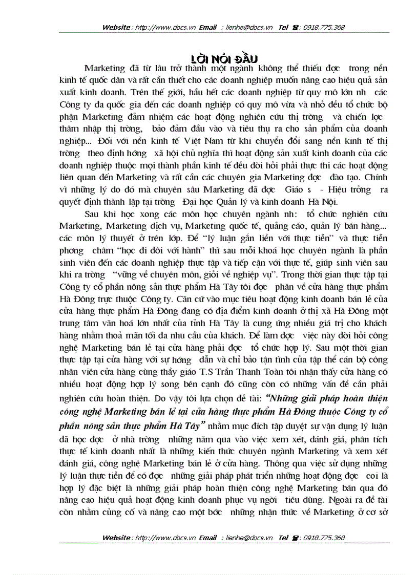 Giải pháp hoàn thiện công nghệ Marketing bán lẻ tại cửa hàng thực phẩm Hà Đông Công ty CP nông sản thực phẩm Hà Tây
