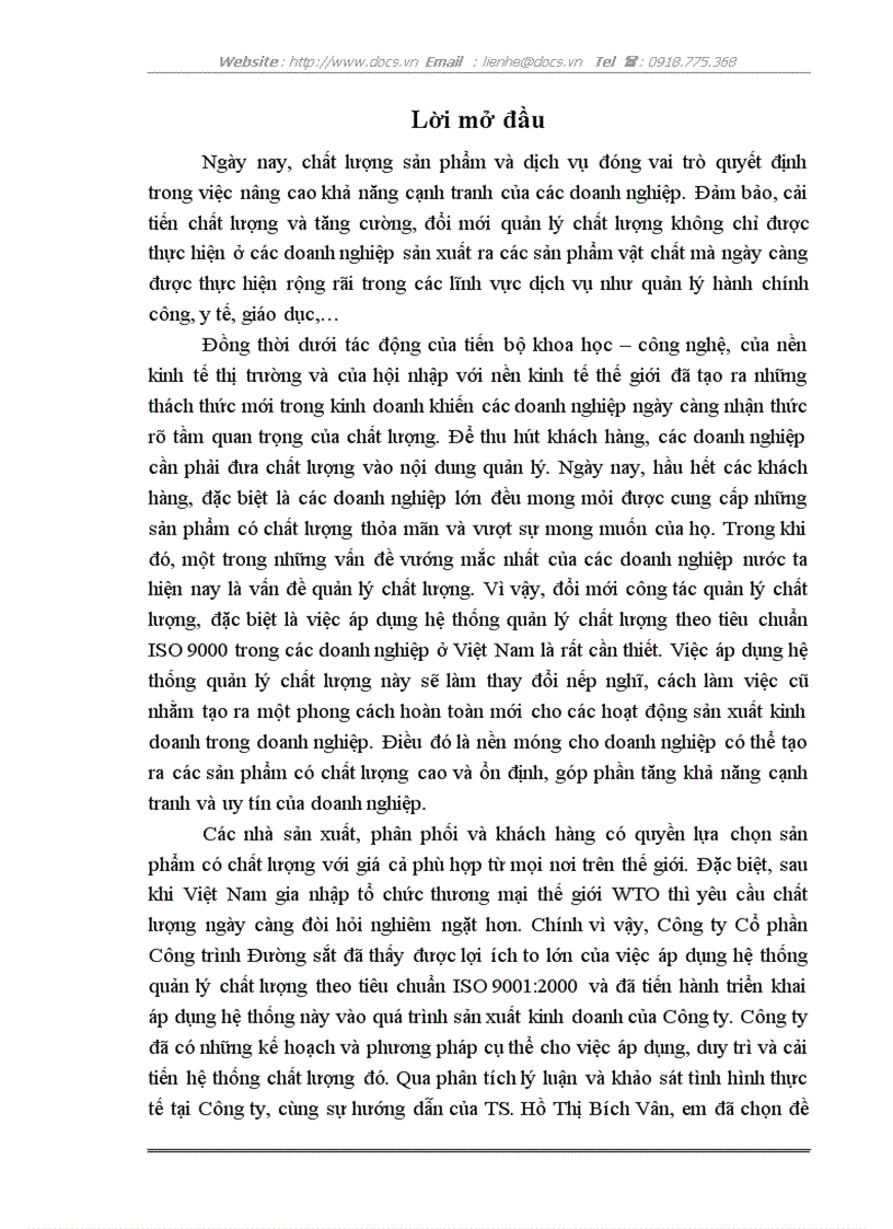 Hoàn thiện hệ thống quản lý chất lượng tại Công ty Cổ phần Công trình Đường sắt theo tiêu chuẩn ISO 9001 2000