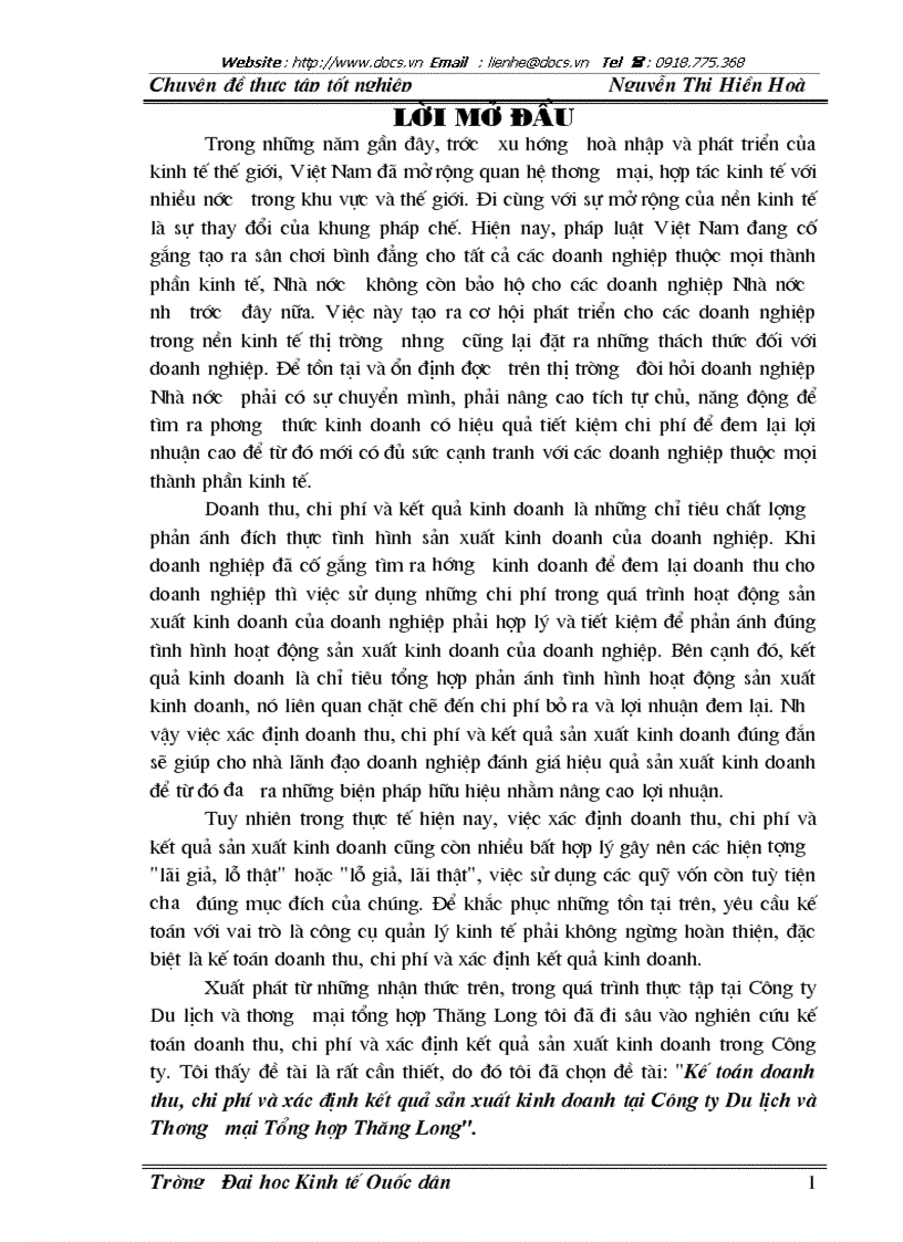 Kế toán doanh thu chi phí và xác định kết quả sản xuất kinh doanh tại Công ty Du lịch và Thương mại Tổng hợp Thăng Long