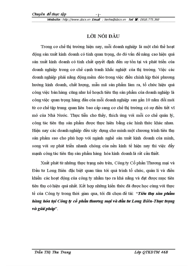 Tiêu thụ sàn phầm hàng hóa tại Công ty cổ phần thương mại và đầu tư Long Biên Thực trạng và giải pháp