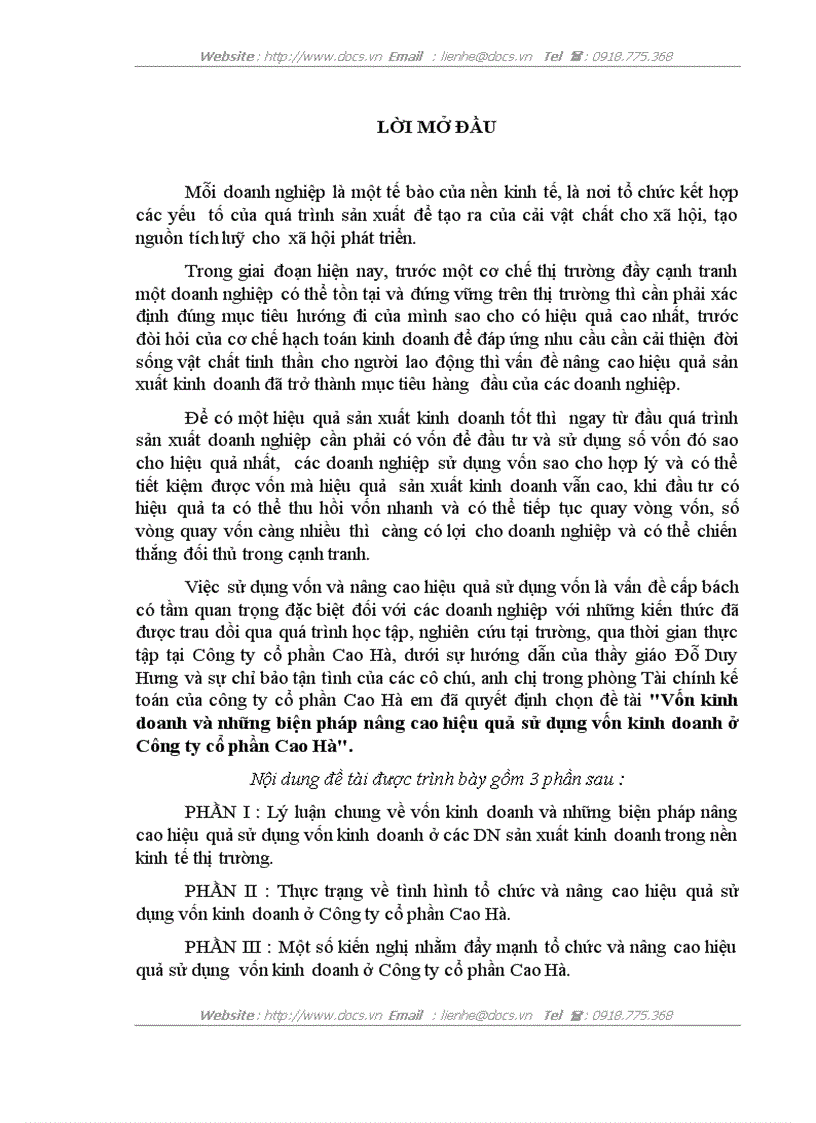 Vốn kinh doanh và những biện pháp nâng cao hiệu quả sử dụng vốn kinh doanh ở Công ty cổ phần Cao Hà