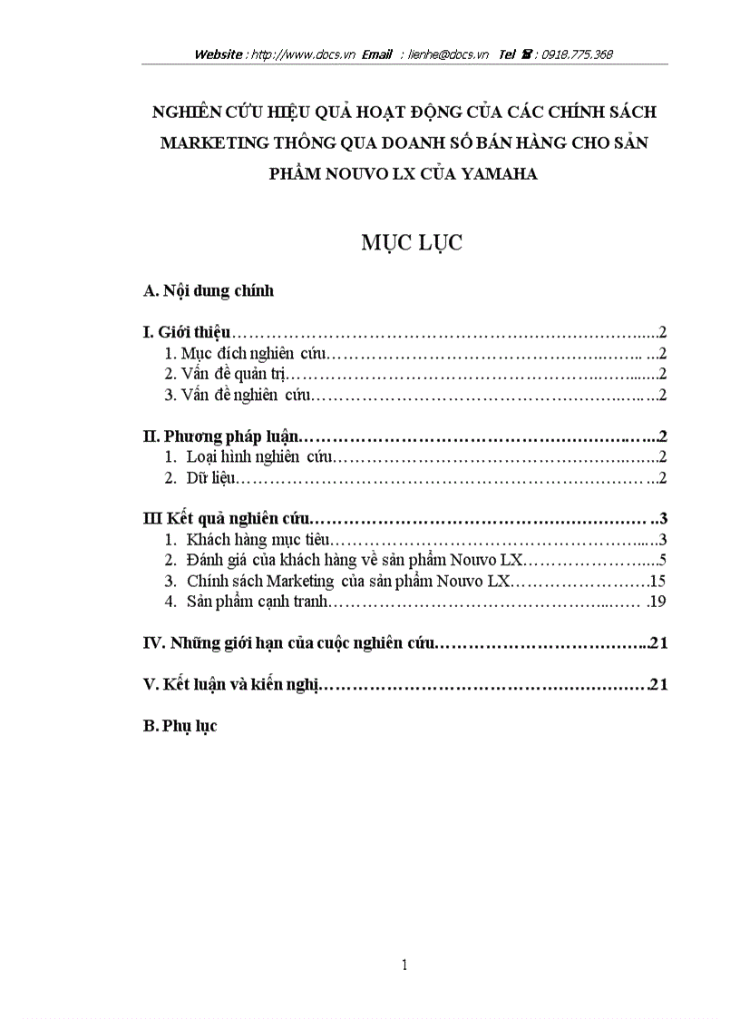 Nghiên cứu hiệu quả hoạt động của các chính sách marketing thông qua doanh số bán hàng cho sản phẩm nouvo lx của yamaha