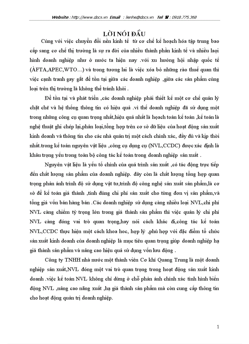 Hoàn thiện cụng tỏc tổ chức kế toỏn NVL CCDC tại cụng ty TNHH nhà nước moth thành viờn Cơ khớ Quang Trung