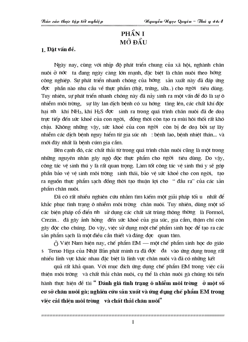 Đánh giá tình trạng ô nhiễm môi trường ở một số cơ sở chăn nuôi gà nghiên cứu sản xuất và ứng dụng chế phẩm EM trong việc cải thiện môi trường và ch