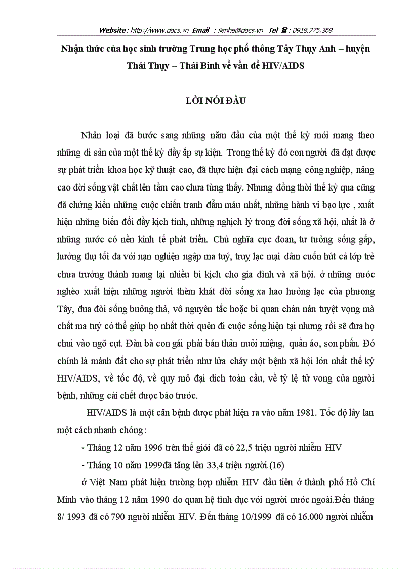 Nhận thức của học sinh trường Trung học phổ thông Tây Thụy Anh huyện Thái Thụy Thái Bỡnh về vấn đề HIV AIDS