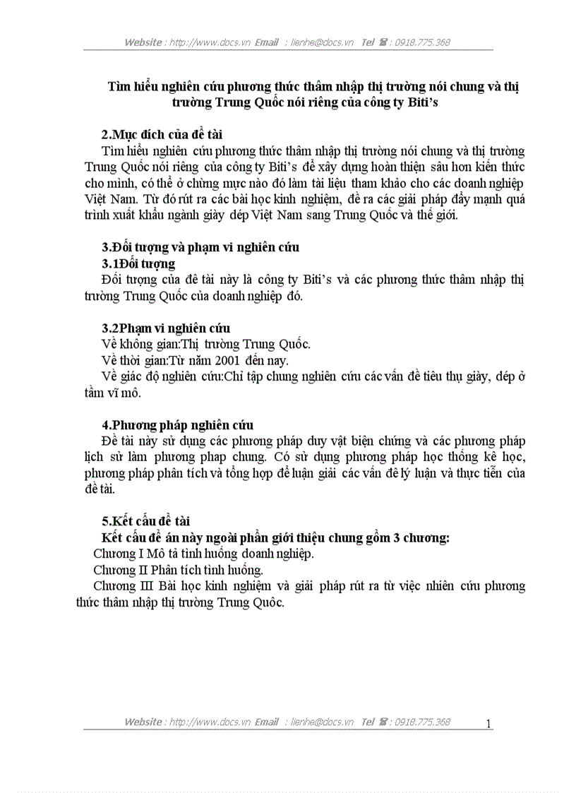Tìm hiểu nghiên cứu phương thức thâm nhập thị trường nói chung và thị trường Trung Quốc nói riêng của công ty Biti s