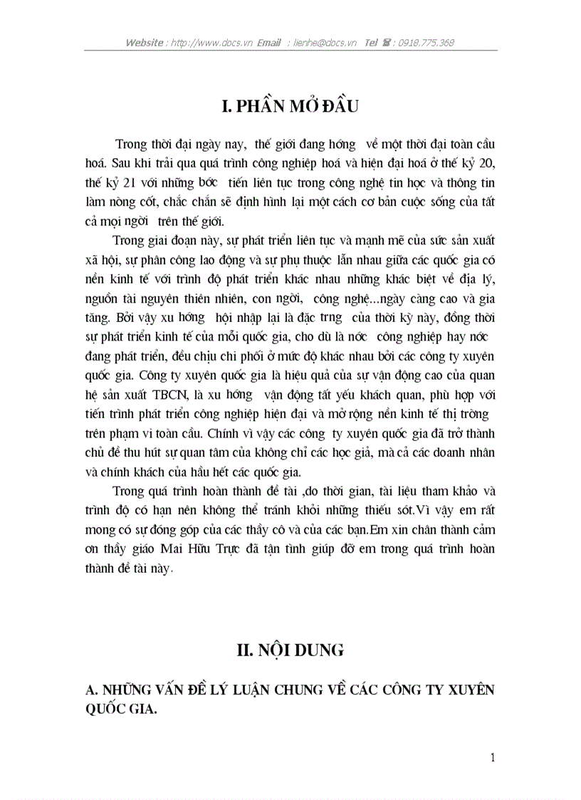Vtrò của các C ty xuyên quốc gia trong nền kinh tế thế giới hoạt động của các tổ chức độc quyền xuyên quốc gia ở VN