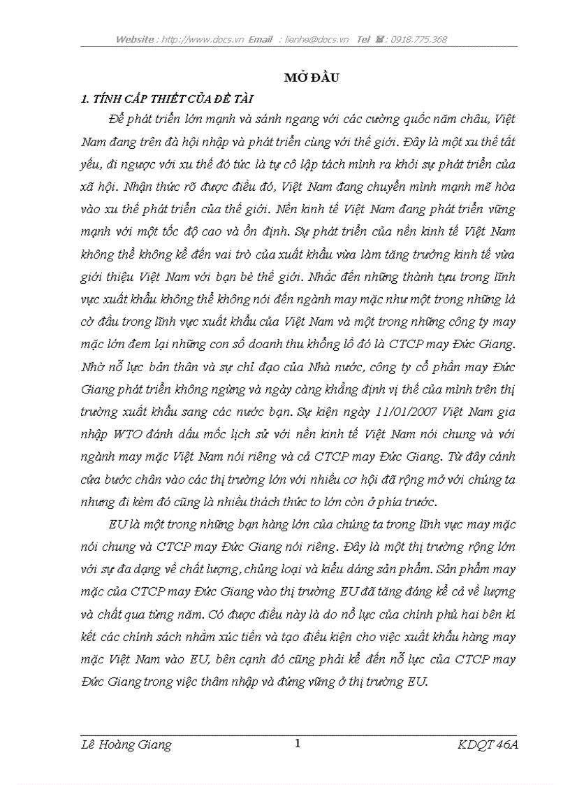 Hoạt động thâm nhập thị trường EU của CTCP may Đức Giang Thực trạng và giải pháp