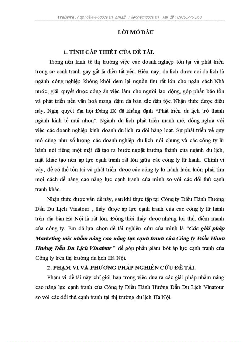 Các giải pháp Marketing mix nhằm nâng cao năng lực cạnh tranh của Công ty Điều Hành Hướng Dẫn Du Lịch Vinatour