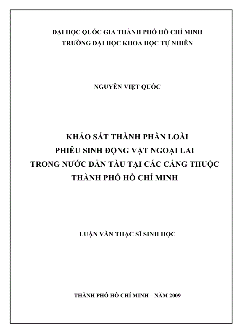 Khảo sát thành phần loài phiêu sinh động vật ngoại lai trong nước dằn tàu tại các cảng thuộc thành phố hồ chí minh