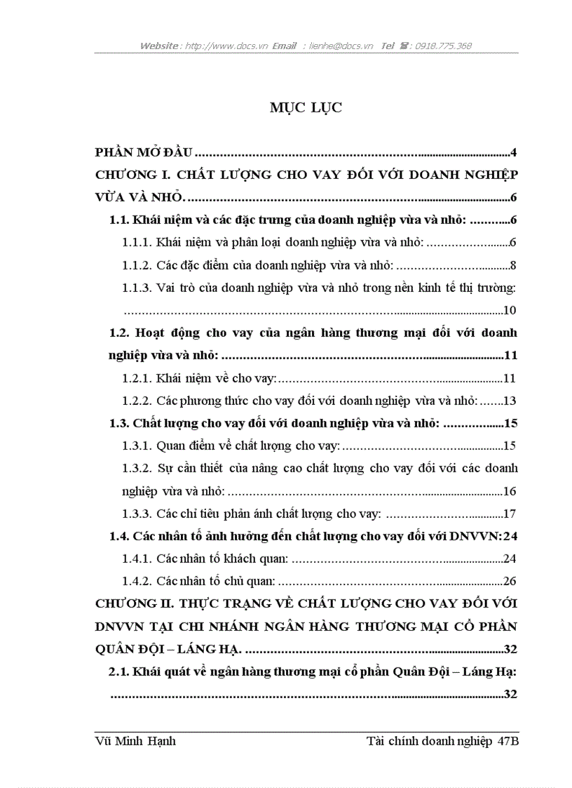 Nâng cao chất lượng cho vay đối với doanh nghiệp vừa và nhỏ tại chi nhánh Láng Hạ Ngân hàng thương mại cổ phần Quân Đội