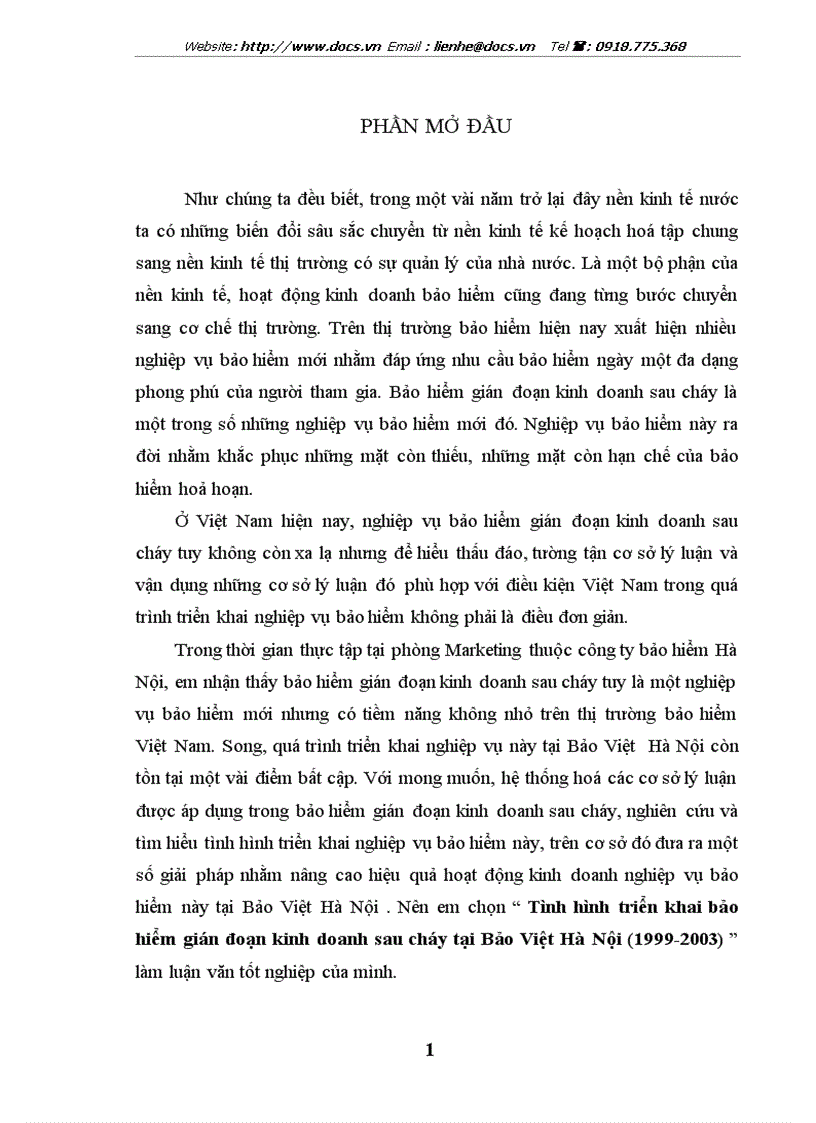 Tình hình triển khai bảo hiểm gián đoạn kinh doanh sau cháy tại Bảo Việt Hà Nội 1999 2003