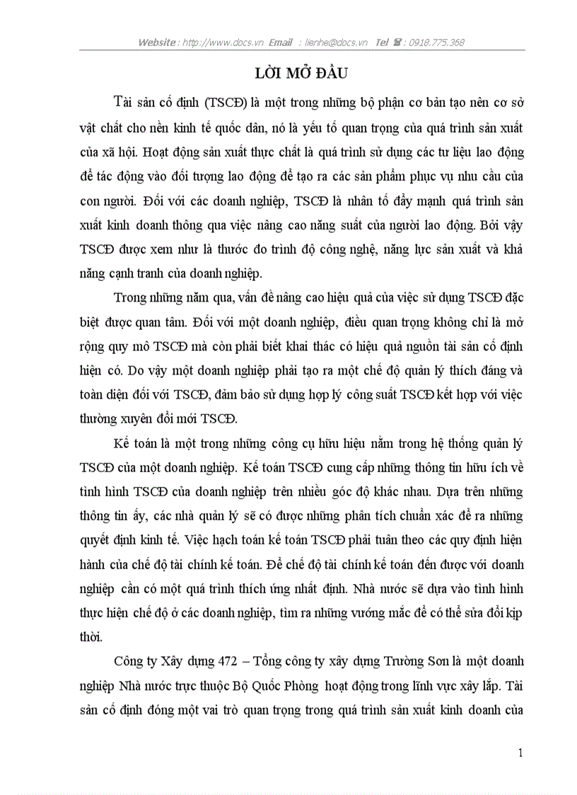 Hoàn thiện hạch toán TSCĐ với việc nâng cao hiệu quả sử dụng TSCĐ tại Công ty Xây dựng 472 Tổng công ty xây dựng Trường Sơn