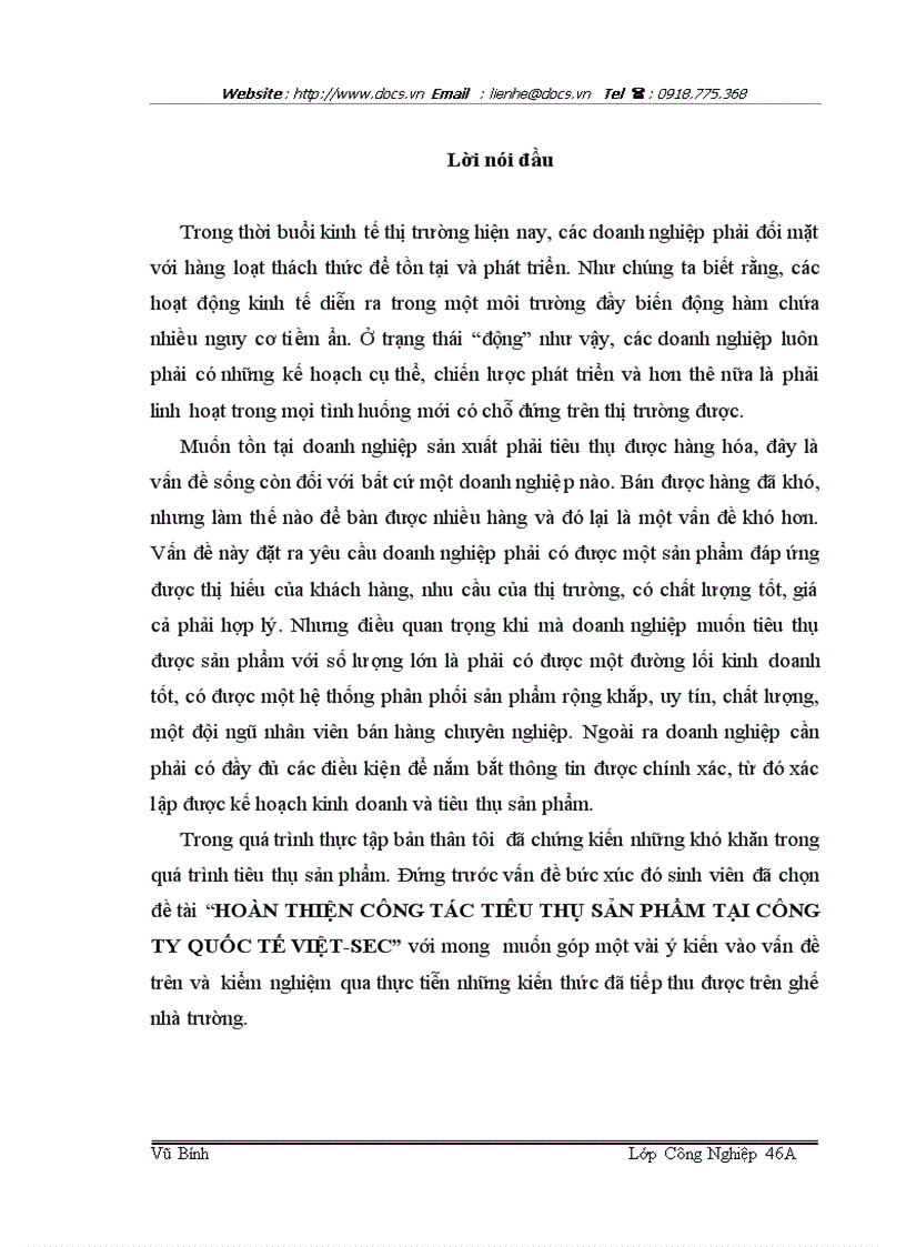 Hoàn thiện công tác tiêu thụ sản phẩm tại công ty quốc tế việt sec