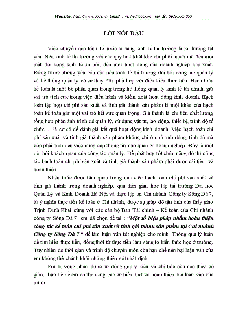 Một số biện pháp nhằm hoàn thiện công tác kế toán chi phí sản xuất và tính giá thành sản phẩm tại Chi nhánh Công ty Sông Đà 7