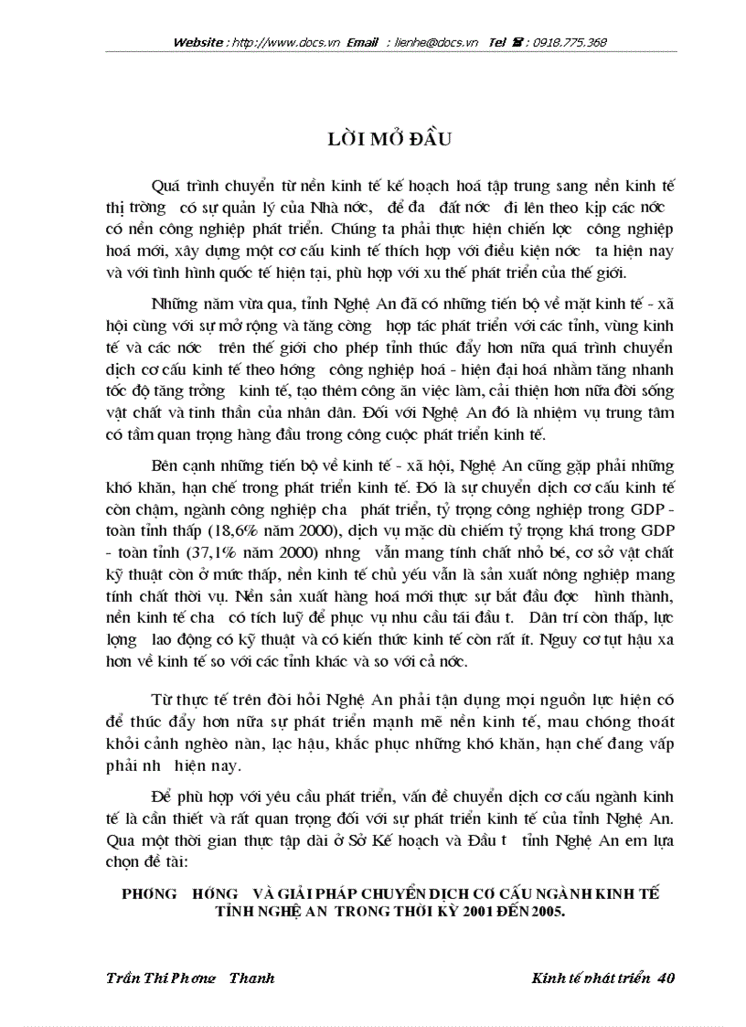Phương hướng và giải pháp chuyển dịch cơ cấu ngành kinh tế tỉnh nghệ an trong thời kỳ 2001 đến 2005
