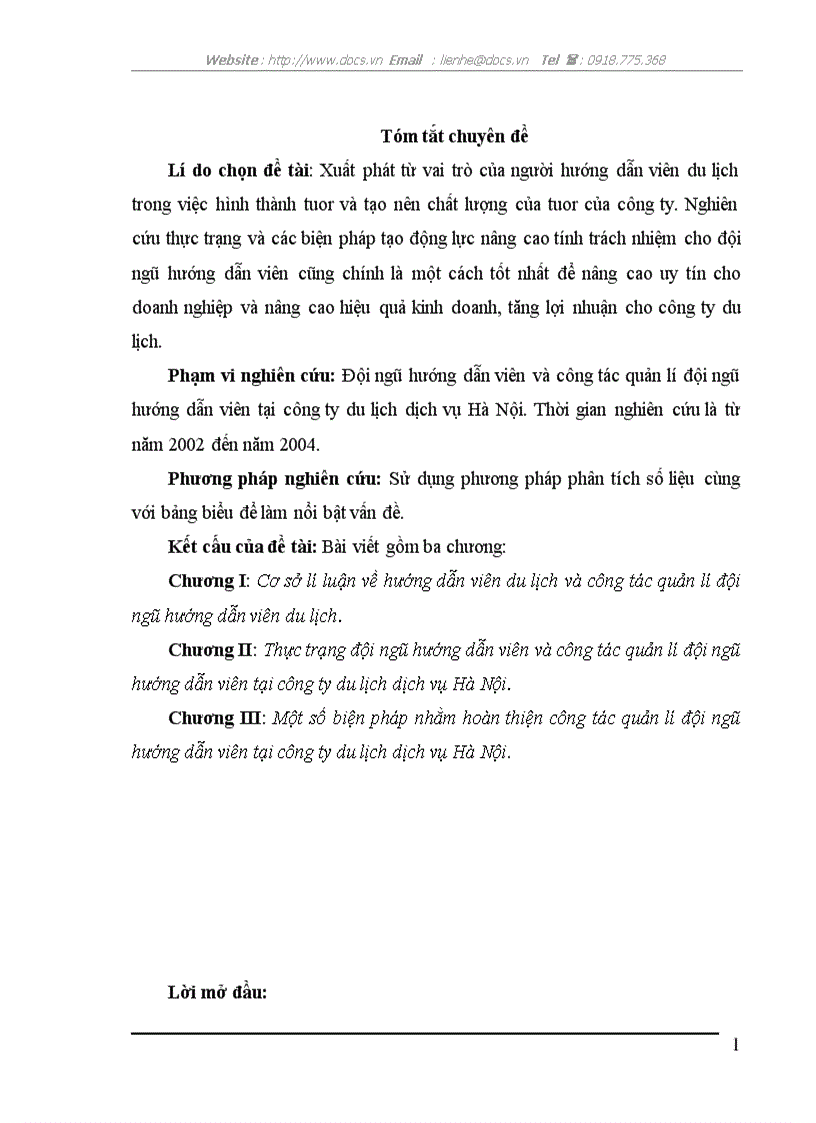 Hoàn thiện công tác quản lí đội ngũ hướng dẫn viên tại công ty du lịch dịch vụ Hà Nội