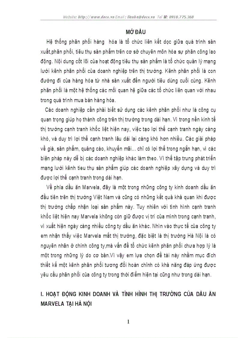 Thực trạng giải pháp nhằm hoàn thiện hệ thống phân phối của dầu ăn Marvela tại thị trường Hà Nội