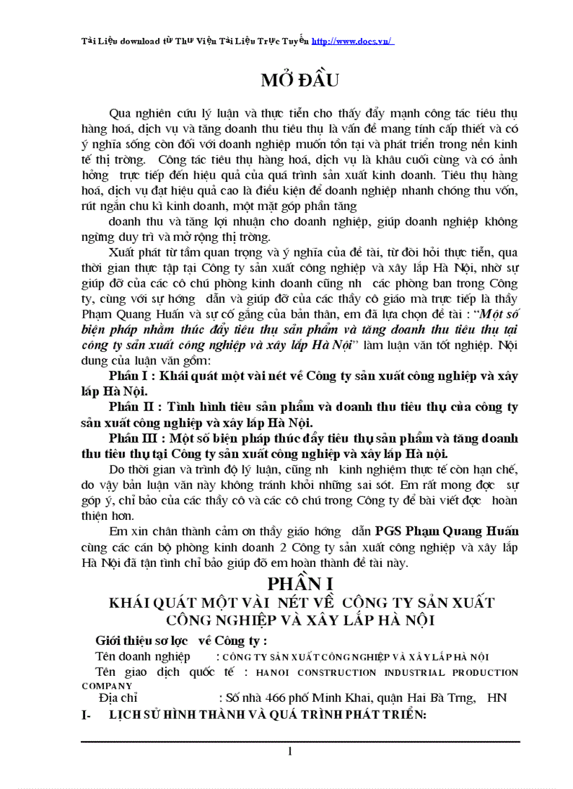 Một số biện pháp nhằm thúc đẩy tiêu thụ sản phẩm và tăng doanh thu tiêu thụ tại công ty sản xuất công nghiệp và xây lắp Hà Nội