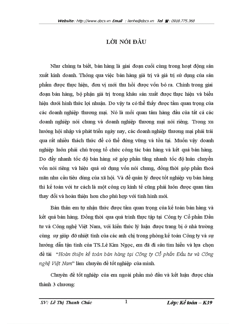 Hoàn thiện kế toán bán hàng tại Công ty CP Đầu tư và Công nghệ Việt Nam ko lý luận