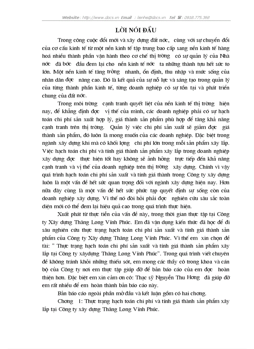 Thực trạng hạch toán chi phí sản xuất và tính giá thành sản phẩm xây lắp tại Công ty xâydựng Thăng Long Vĩnh Phúc