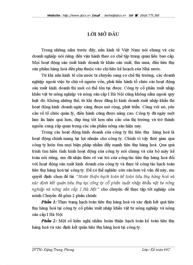 Hoàn thiện hạch toán kế toán tiêu thụ hàng hoá và xác định kết quản tiêu thụ tại công ty cổ phần xuất nhập khẩu vật tư nông nghiệp và nông sản cấp I H