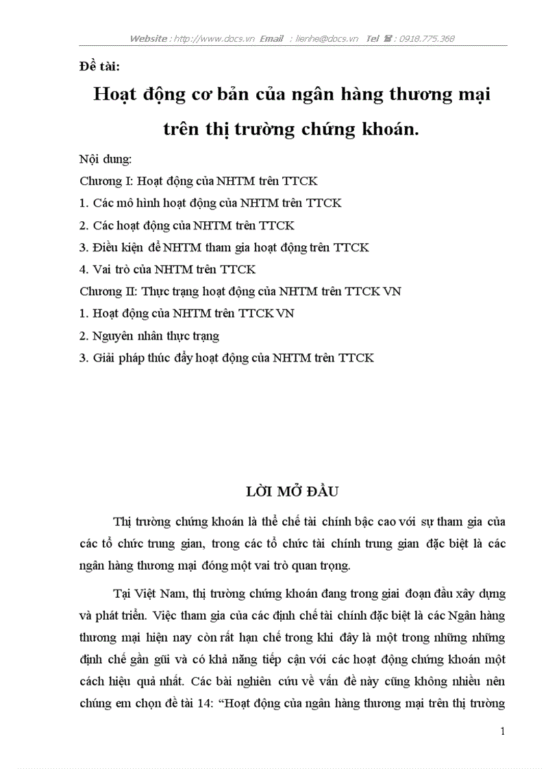 Hoạt động cơ bản của ngân hàng thương mại trên thị trường chứng khoán