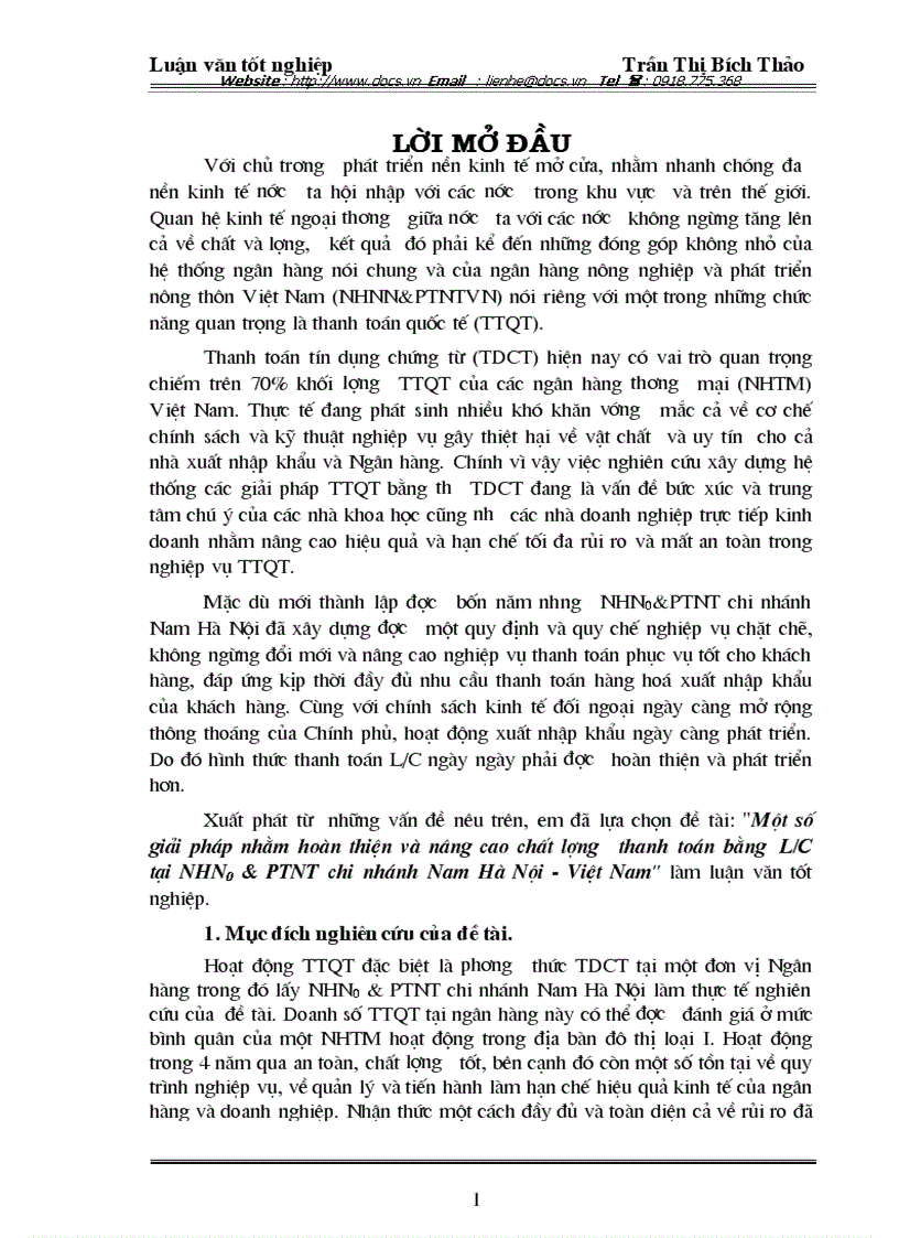 Một số giải pháp nhằm hoàn thiện và nâng cao chất lượng thanh toán bằng L C tại NHN0 PTNT chi nhánh Nam Hà Nội Việt Nam