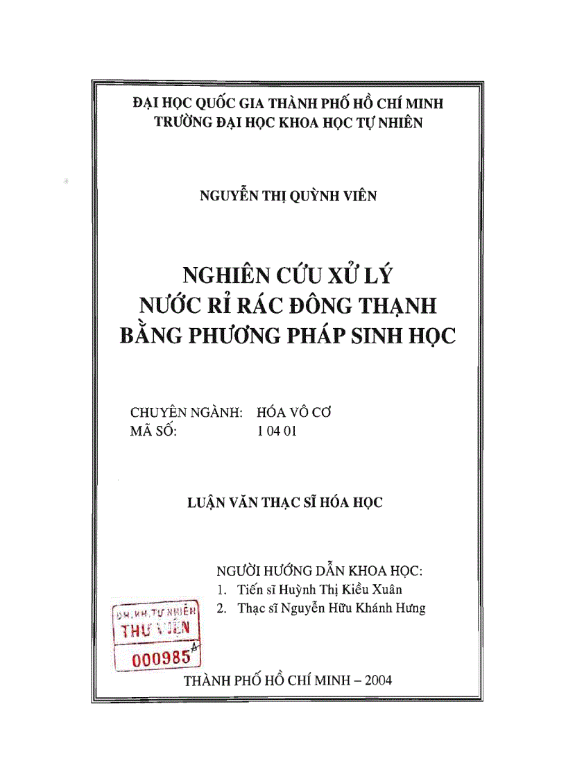 Nghiên cứu xử lý nước rỉ rác đông thạnh bằng phương pháp sinh học