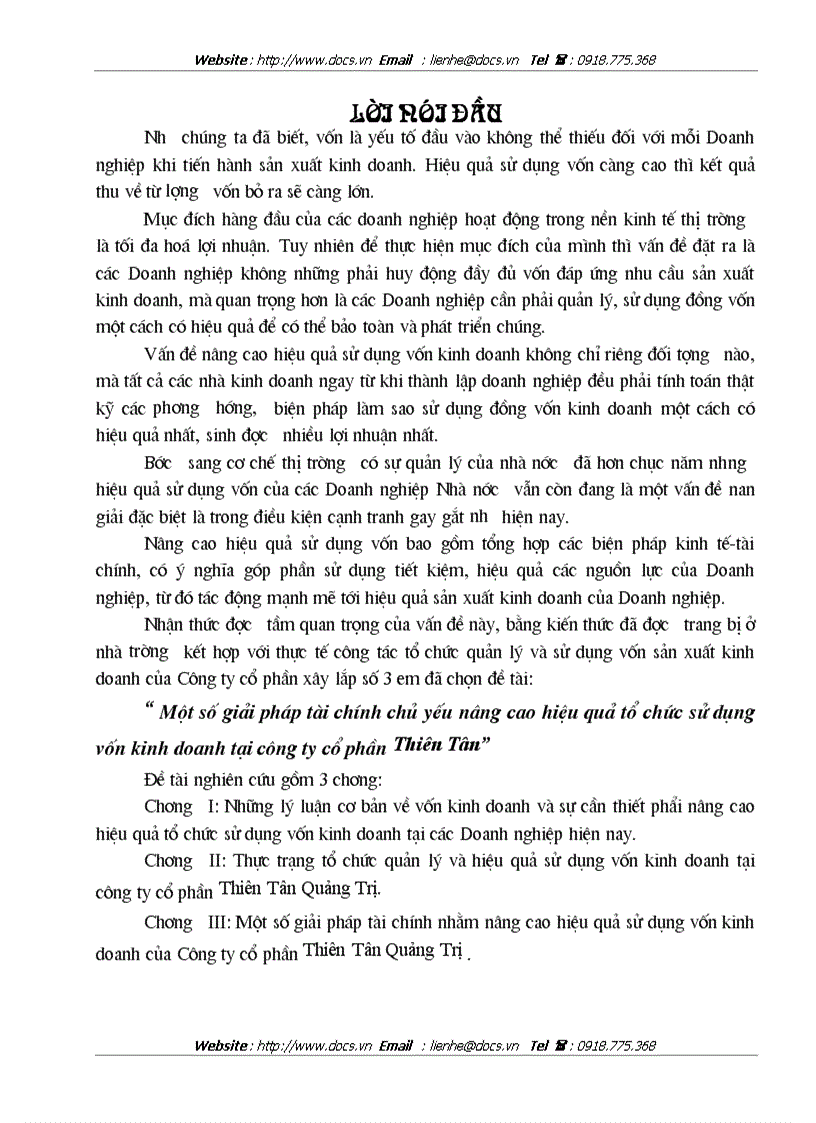 Một số giải pháp tài chính chủ yếu nâng cao hiệu quả tổ chức sử dụng vốn kinh doanh tại công ty cổ phần Thiên Tân