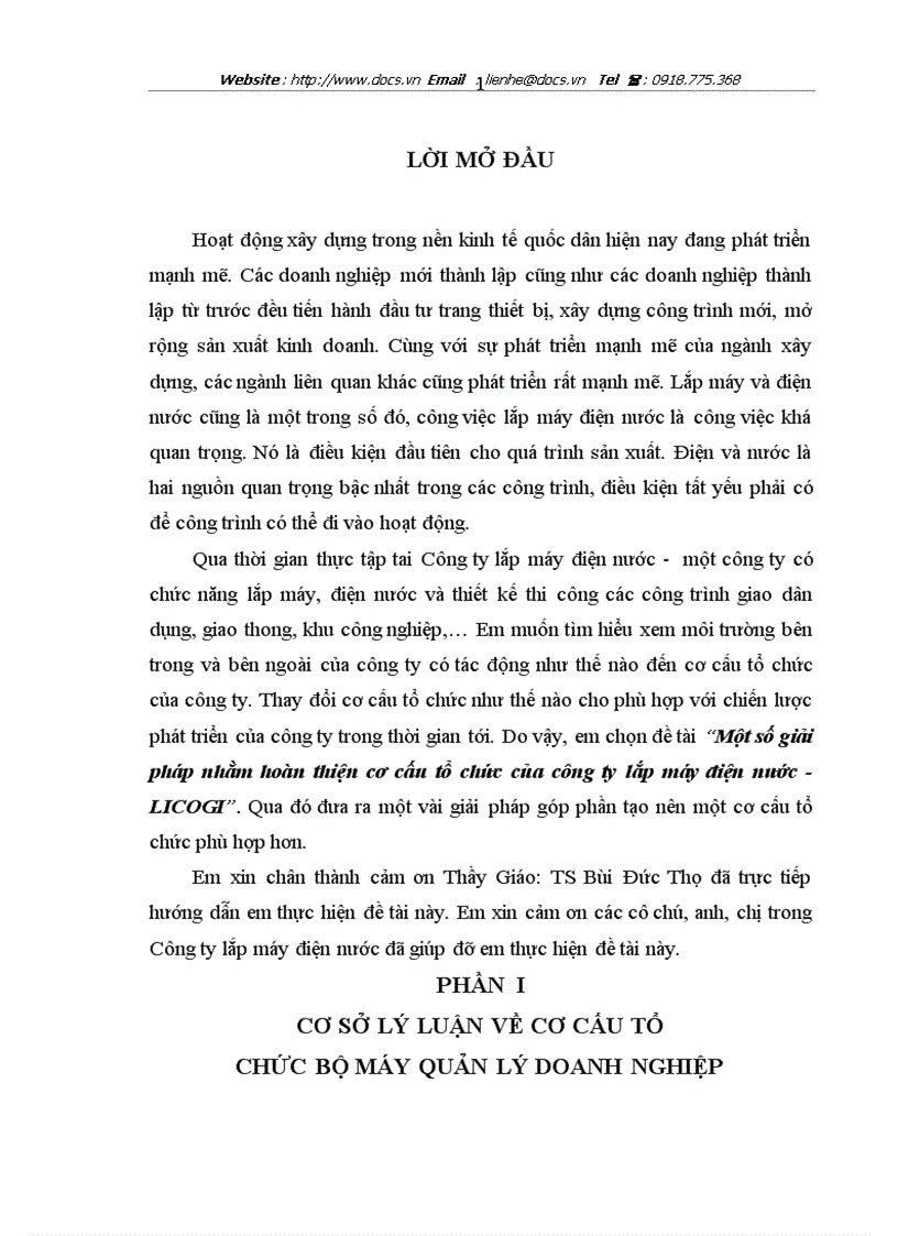 Một số giải pháp nhằm hoàn thiện cơ cấu tổ chức của công ty lắp máy điện nước LICOGI