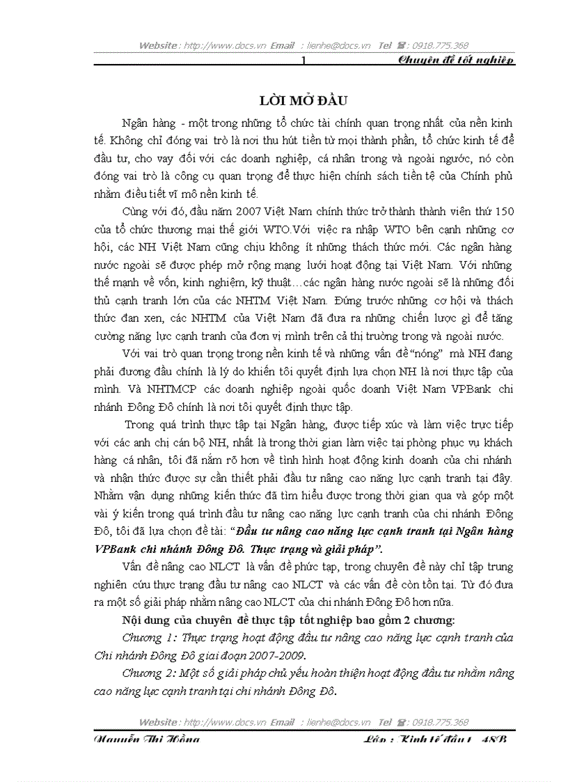 Đầu tư nâng cao năng lực cạnh tranh tại Ngân hàng VPBank chi nhánh Đông Đô Thực trạng và giải pháp