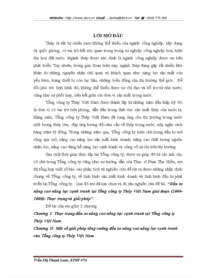 Đầu tư nâng cao năng lực cạnh tranh tại Tổng công ty Thép Việt Nam giai đoạn 2004 2008 Thực trạng và giải pháp