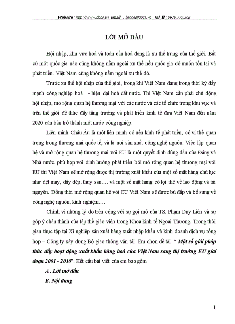 Một số giải pháp nhằm đẩy mạnh xuất khẩu hàng hoá việt nam sang thị trường liên minh châu âu giai đoạn 2001 2010
