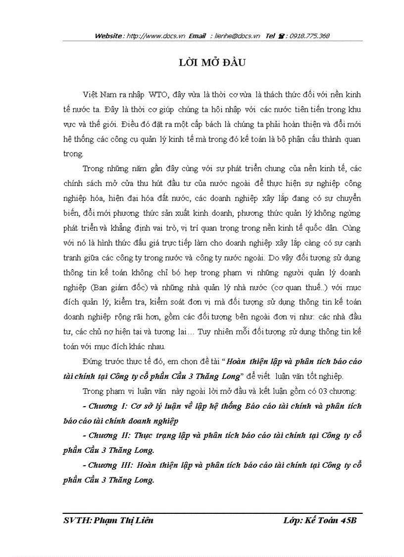 Hoàn thiện lập và phân tích báo cáo tài chính tại Công ty cổ phần Cầu 3 Thăng Long