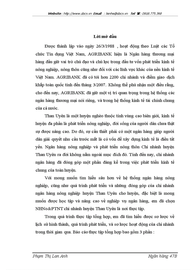 Báo cáo Tại ngânhàng NHNo PTNT AgriBank chi nhánh huyện Than Uyên lt NHa gt