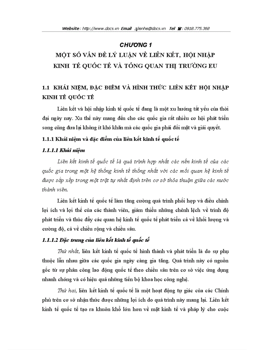 Một số vấn đề lý luận về liên kết hội nhập kinh tế quốc tế và tổng quan thị trường eu