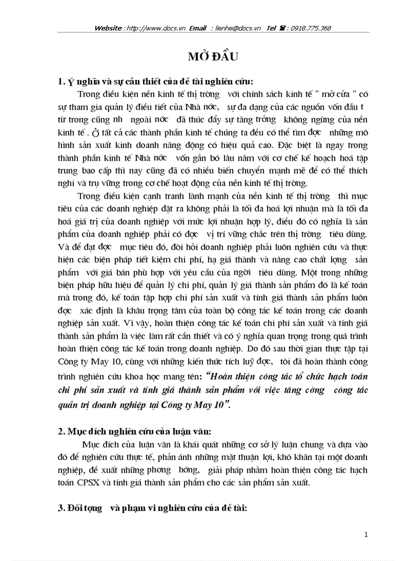 Công tác kế toán tập hợp chi phí sản xuất và tính giá thành sản phẩm với việc tăng cường công tác quản trị tại Công ty May 10