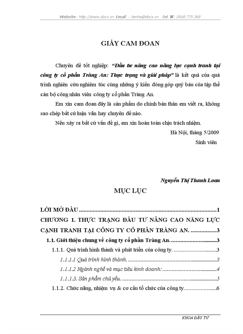 Đầu tư nâng cao năng lực cạnh tranh tại công ty cổ phần Tràng An Thực trạng và giải pháp
