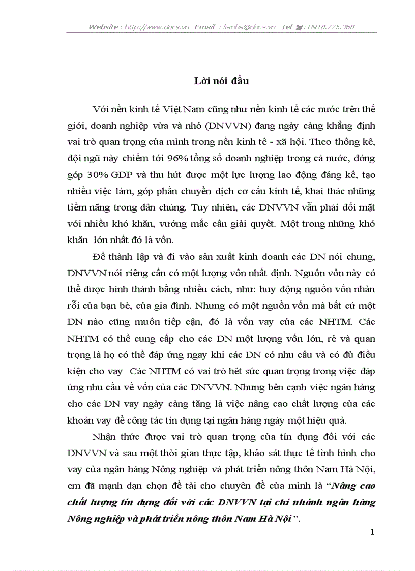 Nâng cao chất lượng tín dụng đối với các DNVVN tại chi nhánh ngân hàng Nông nghiệp và phát triển nông thôn Nam Hà Nội