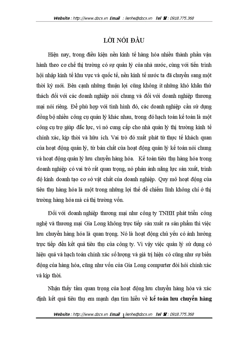 Kế toán lưu chuyển hàng hóa và xác định kết quả tiêu thụ hàng hóa của công ty TNHH phát triển và công nghệ Gia Long