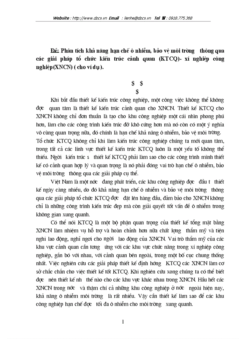 Phân tích khả năng hạn chế ô nhiễm bảo vệ môi trường thông qua các giải pháp tổ chức kiến trúc cảnh quan KTCQ xí nghiệp công nghiệp XNCN
