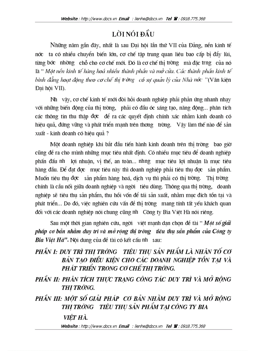 Một số giải pháp cơ bản nhằm duy trì và mở rộng thị trường tiêu thụ sản phẩm của Công ty Bia Việt Hà