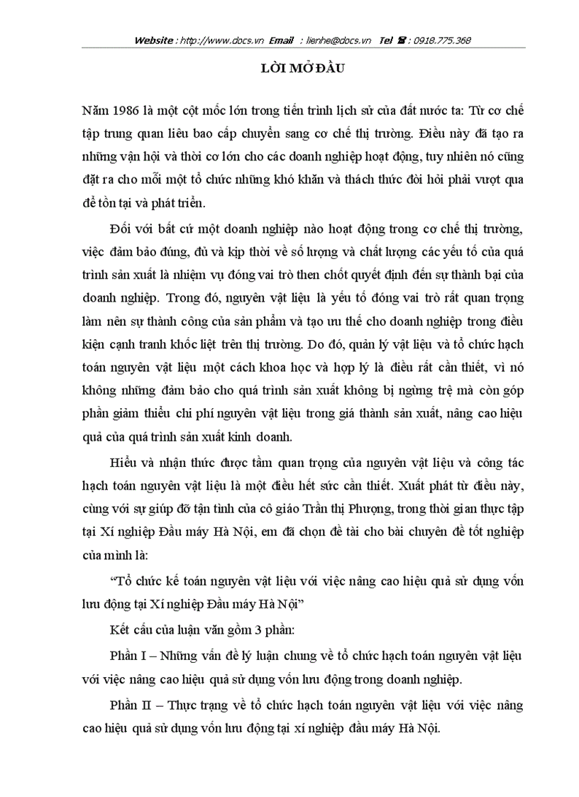 Tổ chức kế toán nguyên vật liệu với việc nâng cao hiệu quả sử dụng vốn lưu động tại Xí nghiệp Đầu máy Hà Nội
