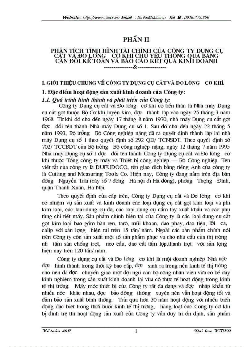 Phân tích tình hình tài chính của công ty dụng cụ cắt và đo lường cơ khí chủ yếu thông qua bảng cân đối kế toán và báo cáo kết quả kinh doanh