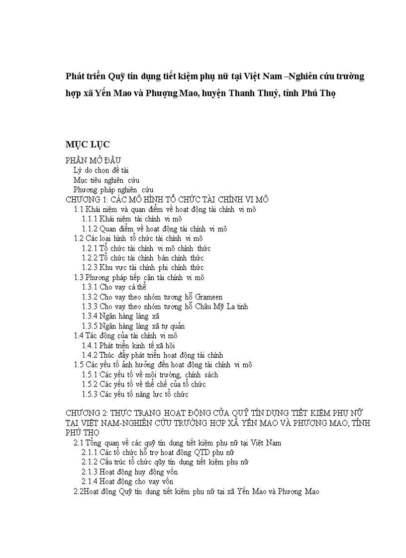 Phát triển Quỹ tín dụng tiết kiệm phụ nữ tại Việt Nam Nghiên cứu trường hợp xã Yến Mao và Phượng Mao huyện Thanh Thuỷ tỉnh Phú Thọ