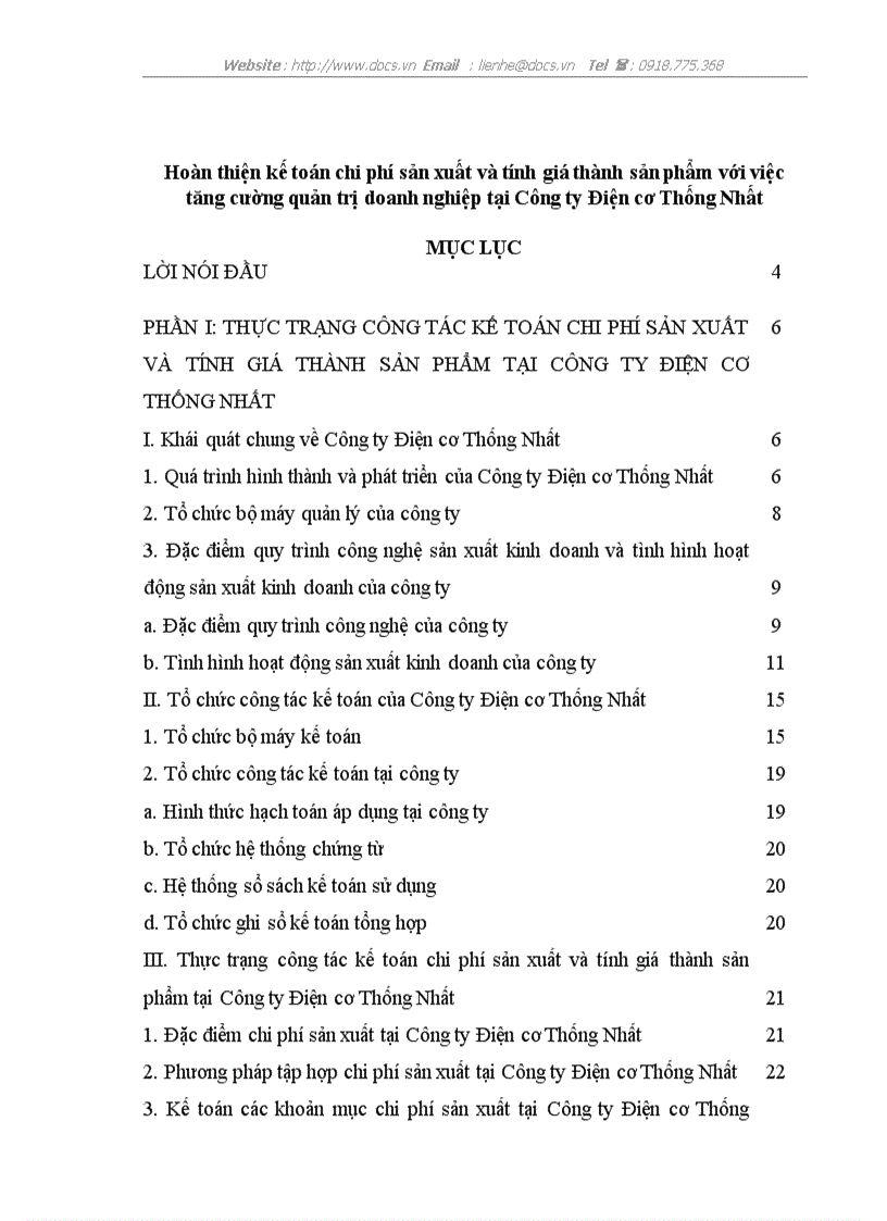Hoàn thiện kế toán chi phí sản xuất và tính giá thành sản phẩm với việc tăng cường quản trị doanh nghiệp tại Công ty Điện cơ Thống Nhất