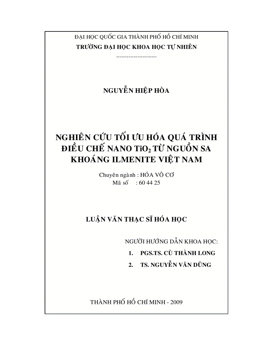 Nghiên cứu tối ưu hóa quá trình điều chế nano tio2 từ nguồn sa khoáng ilmennite việt nam